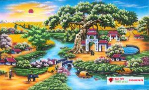 Tranh đá quý đồng quê cây đa giếng nước sân đình