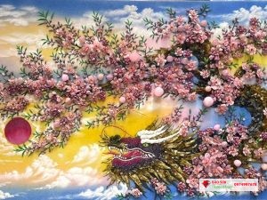 Tranh đá quý hoa đào dáng long