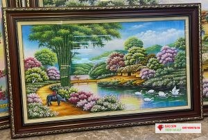 Tranh đá quý đồng quê cây tre tuyệt đẹp