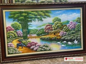 Tranh đá quý đồng quê cây tre tuyệt đẹp