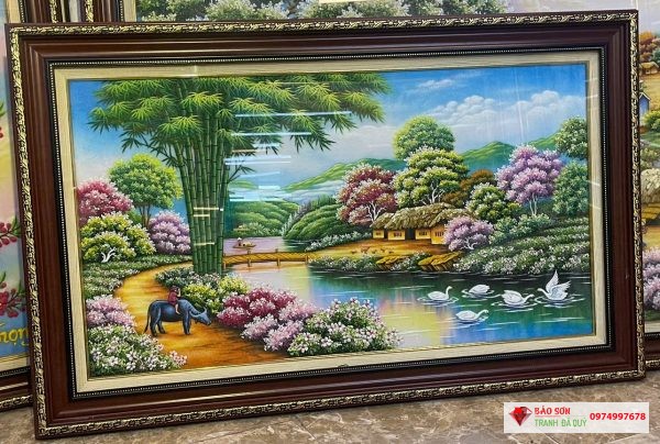 Tranh đá quý đồng quê cây tre tuyệt đẹp