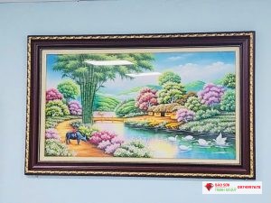 Tranh đá quý đồng quê cây tre tuyệt đẹp