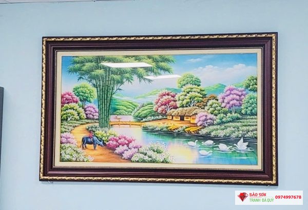Tranh đá quý đồng quê cây tre tuyệt đẹp