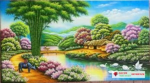 Tranh đá quý đồng quê cây tre tuyệt đẹp