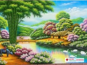 Tranh đá quý đồng quê cây tre tuyệt đẹp