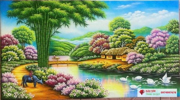 Tranh đá quý đồng quê cây tre tuyệt đẹp