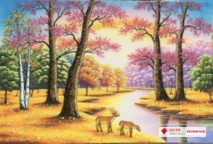 Tranh đá quý phong cảnh rừng cây đỏ