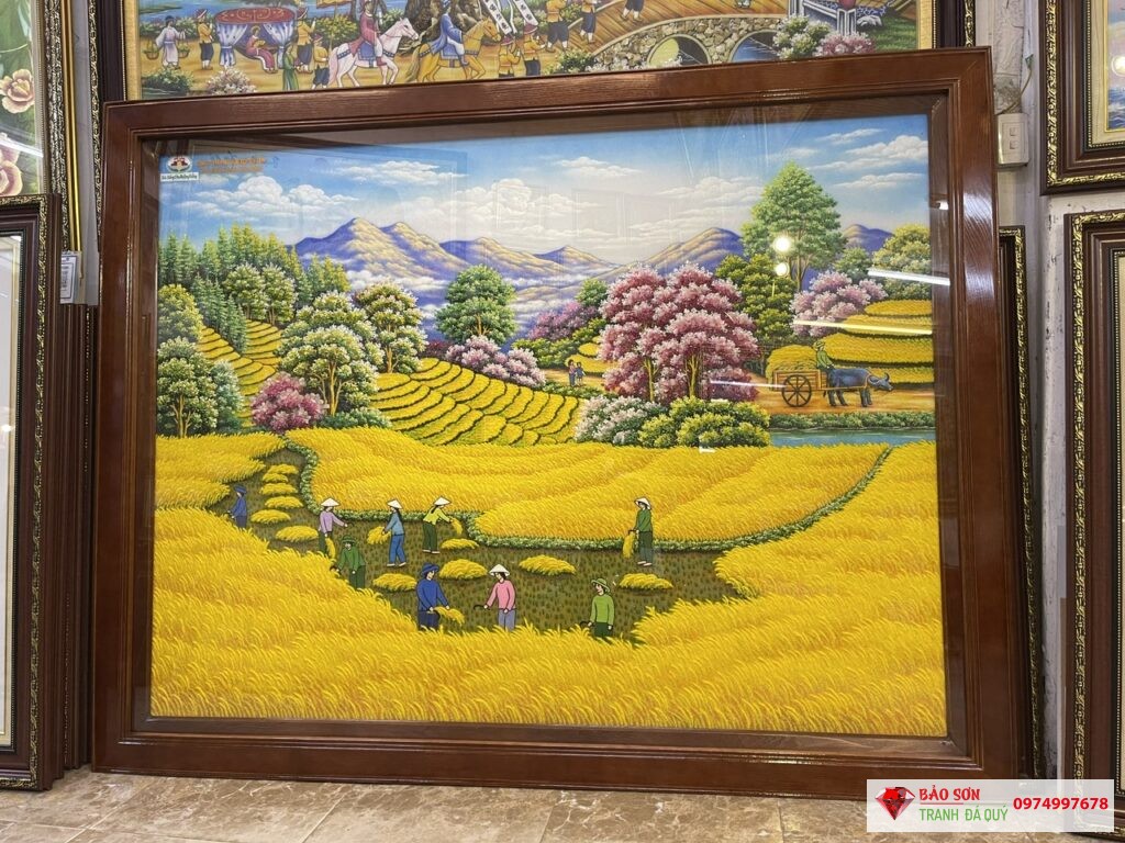 tranh đá quý đồng quê mùa gặt
